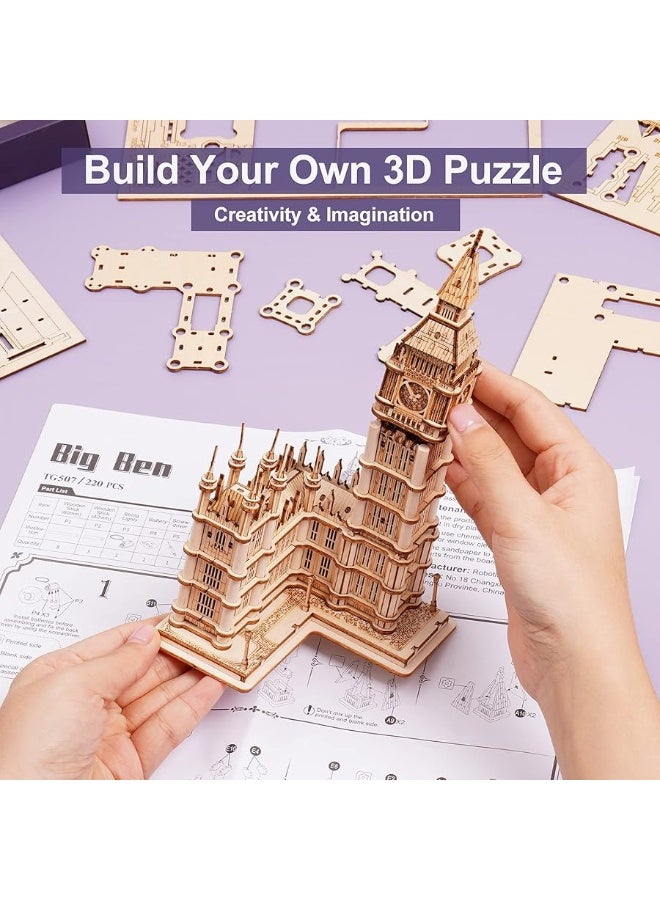 ROBOTIME 3D Puzzle for Adults Wooden Craft Kits for Teens DIY Construction Model Kit with LED Light to Build Educational Big Ben Set Toys Birthday Gifts