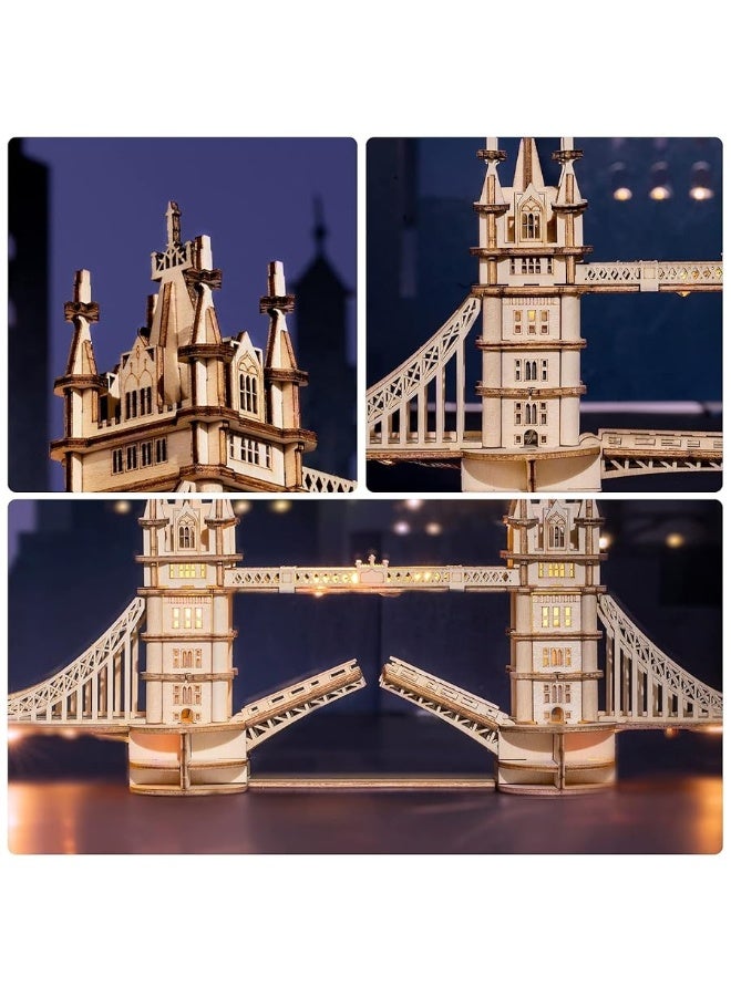 ROBOTIME 3D Puzzle Wooden Craft Kits with LED Light DIY Tower Bridge Construction Model Kit to Build for Teens Brain Teaser Puzzle Home Decor Birthday Gifts