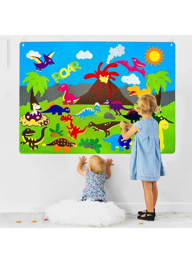 WATINC Dinosaur Felt-Board Stories Set 3.5Ft 37Pcs Preschool Dinosaurs Classification Storytelling Flannel Roar Volcano Ancient Animal Theme Early Learning Play Kit Wall Hanging Gift for Toddlers Kids