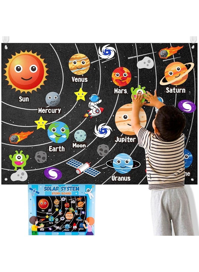 WATINC 44Pcs Outer Space Felt Story Board Set 3.5 Ft Solar System Universe Storytelling Flannel Interactive Play Kit with Hooks Astronaut Planets Alien Galaxy Reusable Wall Hanging Gift for Boys Girls