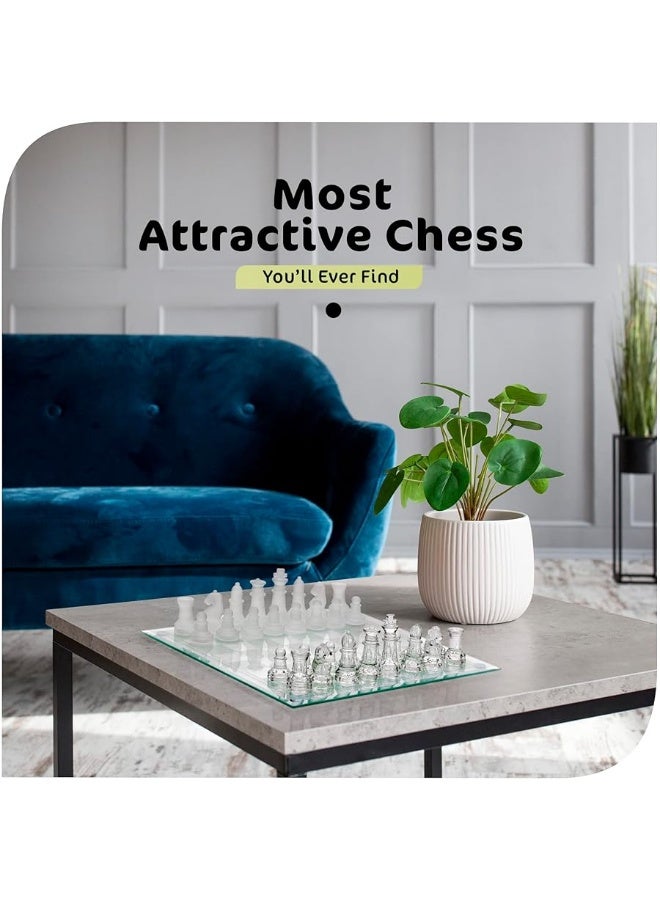 Srenta Fine Glass Chess Set Game, Modern Clear Chess Set, Deluxe Chess Set Glass Chess Board Set with Solid Clear & Frosted Chess Glass Pieces | 9.7â€™â€™ Crystal Chess Boards Sets, Felt Padding Included