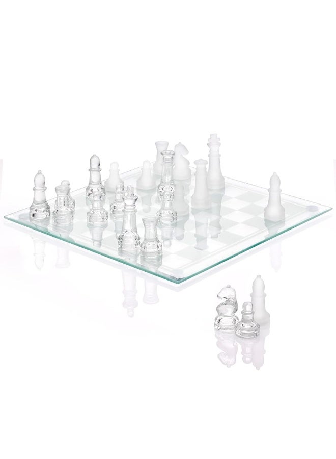 Srenta Fine Glass Chess Set Game, Modern Clear Chess Set, Deluxe Chess Set Glass Chess Board Set with Solid Clear & Frosted Chess Glass Pieces | 9.7â€™â€™ Crystal Chess Boards Sets, Felt Padding Included
