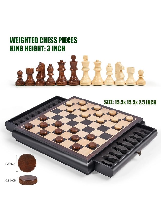 Wooden Chess Checkers Game Set 15.5