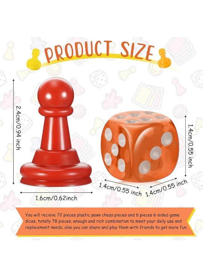 78 Pieces Multicolor Board Game Pieces Include 72 Pieces Multicolor Plastic Pawn Chess Pieces 6 Pieces Plastic 6Sided Game Dice Chess Game Pieces Game Dice Set for Board Game Components Table Marking