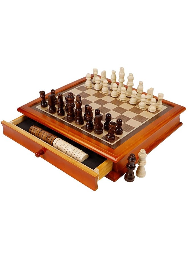 Juegoal 12-Inch Wooden Chess & Checkers Set with Storage Drawer, Portable Board Games for Kids and Adults