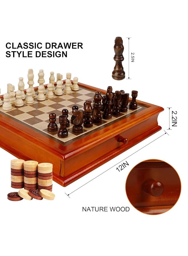 Juegoal 12-Inch Wooden Chess & Checkers Set with Storage Drawer, Portable Board Games for Kids and Adults