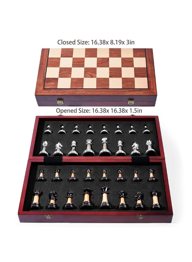 Chess Set Large 16''/42cm Folding Wooden Board with Deluxe Weighted Acrylic Chess Pieces - 3.5