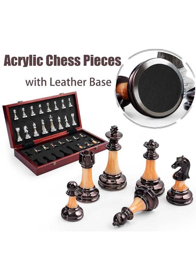 Chess Set Large 16''/42cm Folding Wooden Board with Deluxe Weighted Acrylic Chess Pieces - 3.5