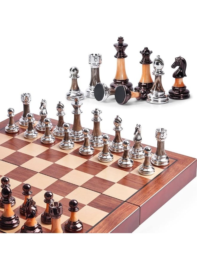 Chess Set Large 16''/42cm Folding Wooden Board with Deluxe Weighted Acrylic Chess Pieces - 3.5