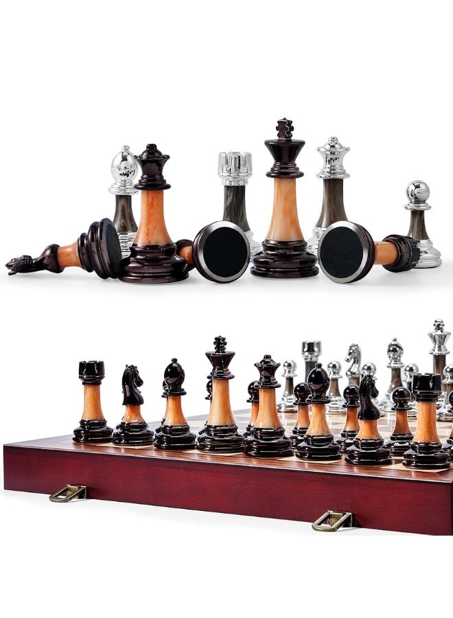 Chess Set Large 16''/42cm Folding Wooden Board with Deluxe Weighted Acrylic Chess Pieces - 3.5