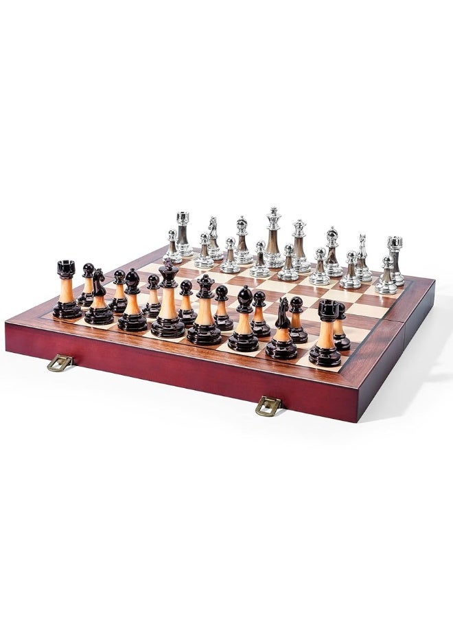 Chess Set Large 16''/42cm Folding Wooden Board with Deluxe Weighted Acrylic Chess Pieces - 3.5