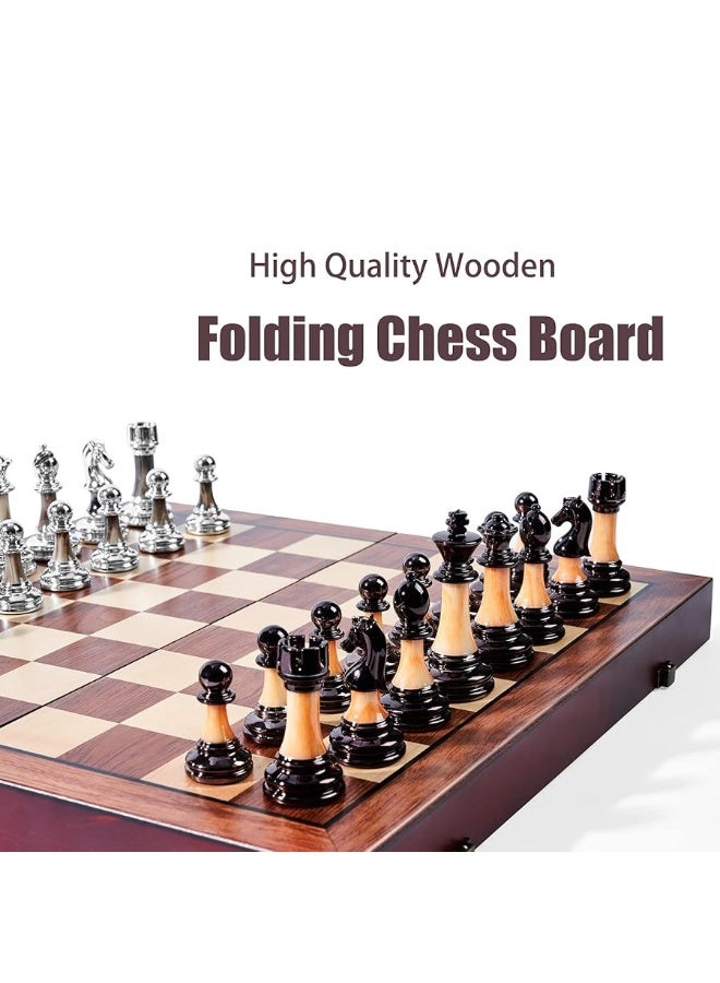 Chess Set Large 16''/42cm Folding Wooden Board with Deluxe Weighted Acrylic Chess Pieces - 3.5