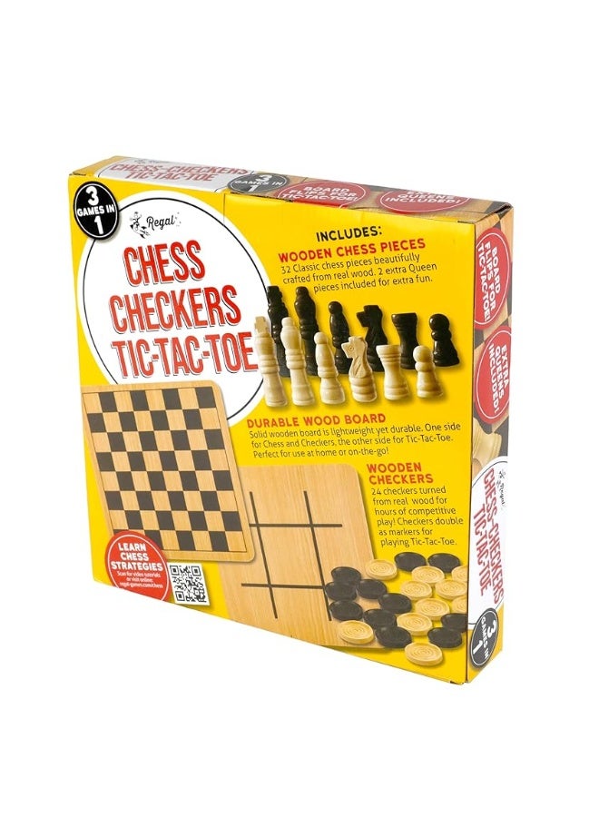 Regal Games - Reversible Wooden Board for Chess, Checkers & Tic-Tac-Toe - 24 Interlocking Wooden Checkers and 32 Standard Chess Pieces - for Age 8 to Adult for Family Fun