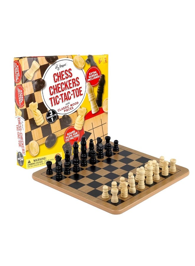 Regal Games - Reversible Wooden Board for Chess, Checkers & Tic-Tac-Toe - 24 Interlocking Wooden Checkers and 32 Standard Chess Pieces - for Age 8 to Adult for Family Fun
