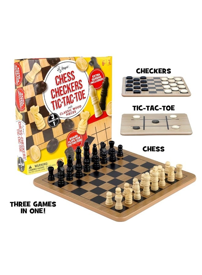 Regal Games - Reversible Wooden Board for Chess, Checkers & Tic-Tac-Toe - 24 Interlocking Wooden Checkers and 32 Standard Chess Pieces - for Age 8 to Adult for Family Fun