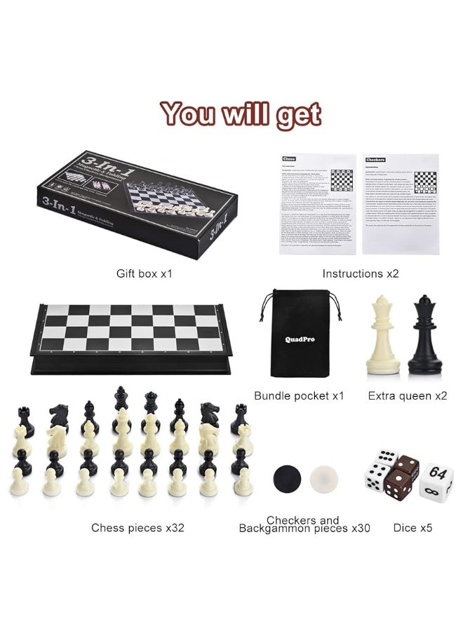 3 in 1 Magnetic Chess Checkers Backgammon Board Game Set with Folding Board Travel Games for Kids and Adults (Chess: Black & White)