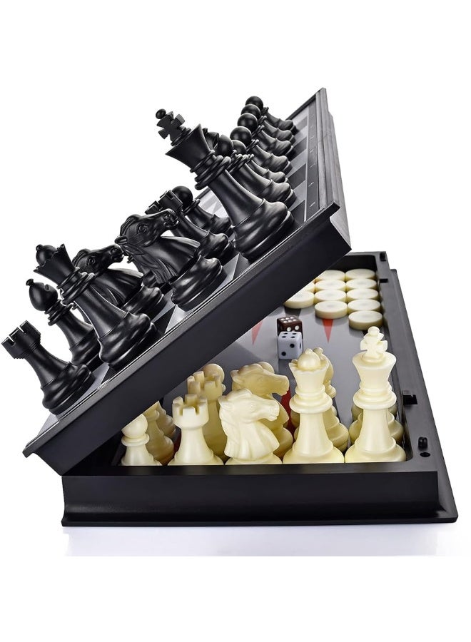 3 in 1 Magnetic Chess Checkers Backgammon Board Game Set with Folding Board Travel Games for Kids and Adults (Chess: Black & White)