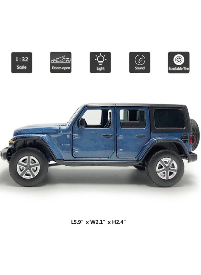 4 Door Wrangler Sahara Hard Top SUV Model Car Diecast Toy Cars 1/32 Scale Metal Vehicle Children's Die-cast Vehicles, Doors Open, Light Sound, Toys for Boys Gifts Kids Adults Men Collection, Blue