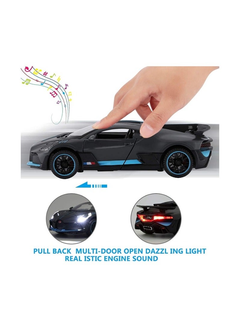 1:32 Bugatti Divo Diecast Metal Pullback Toy Car for Kids Best Gift for Boys Realistic Design Light & Sound (Black)