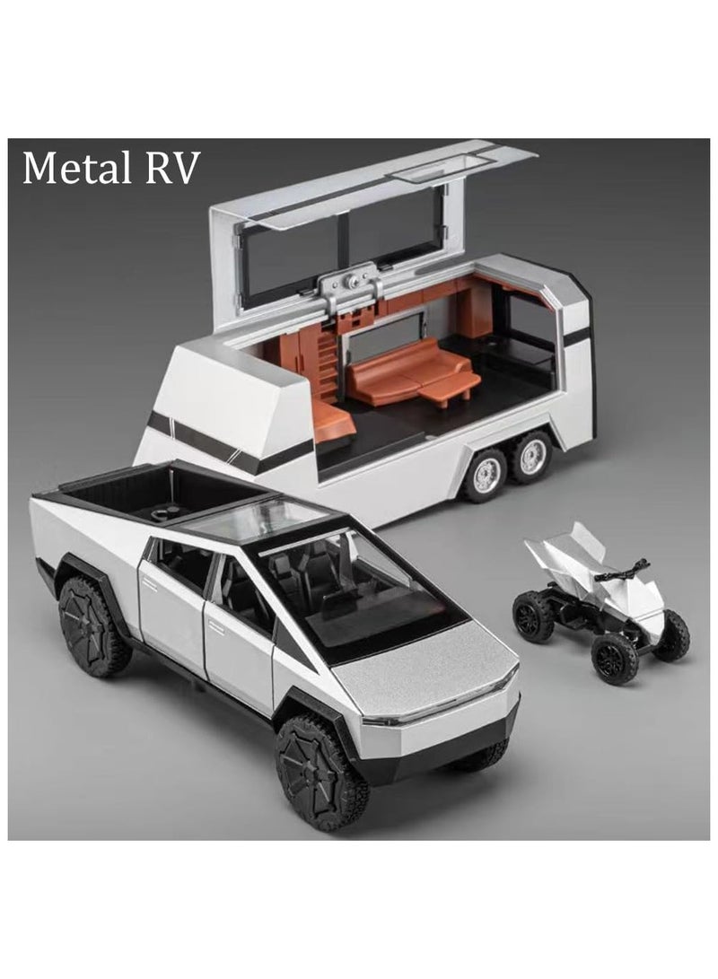 3 In 1 Metal Pickup Truck Set with Detachable Camper and Off-Road Motorcycle, 1:32 Diecast Cybertruck Model with Lights, Sound, and Moving Parts, Ideal Gift for Kids and Adults, Silver