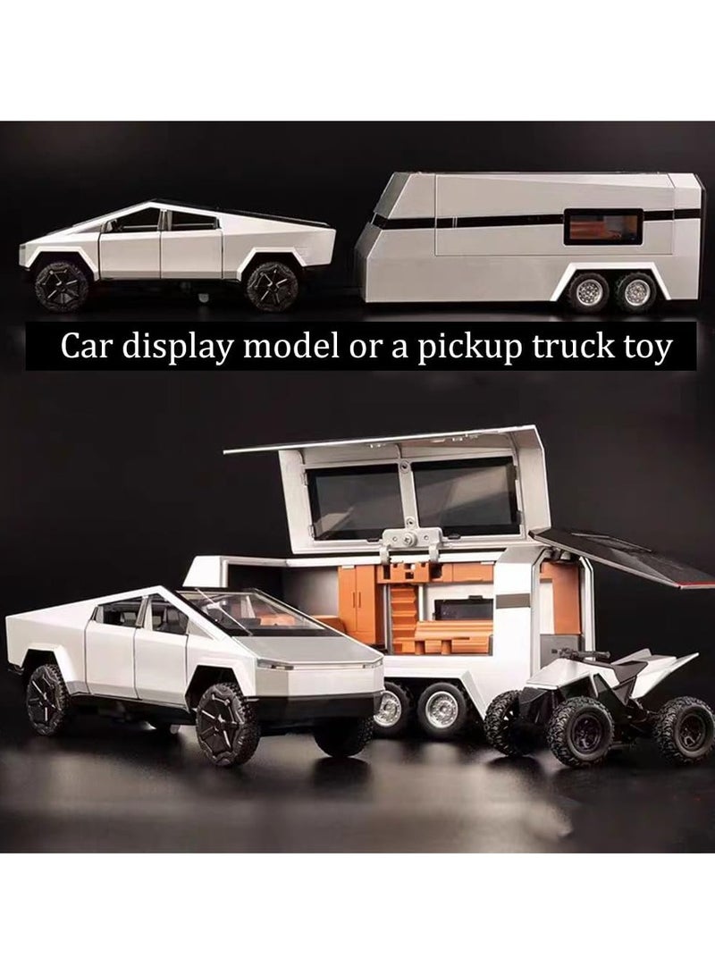 3 In 1 Metal Pickup Truck Set with Detachable Camper and Off-Road Motorcycle, 1:32 Diecast Cybertruck Model with Lights, Sound, and Moving Parts, Ideal Gift for Kids and Adults, Silver