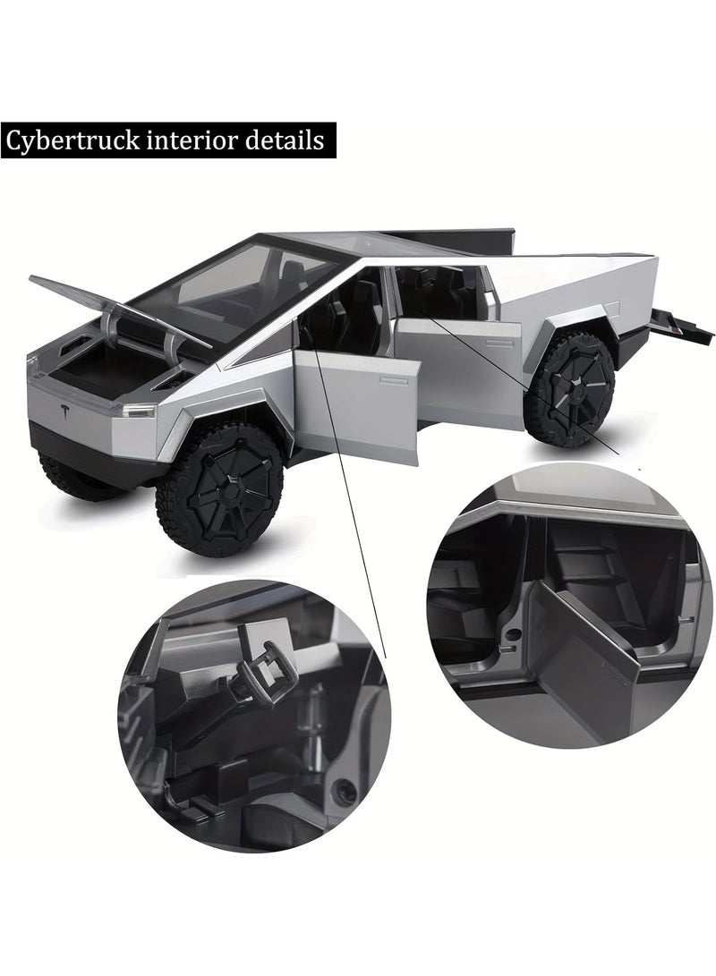 3 In 1 Metal Pickup Truck Set with Detachable Camper and Off-Road Motorcycle, 1:32 Diecast Cybertruck Model with Lights, Sound, and Moving Parts, Ideal Gift for Kids and Adults, Silver