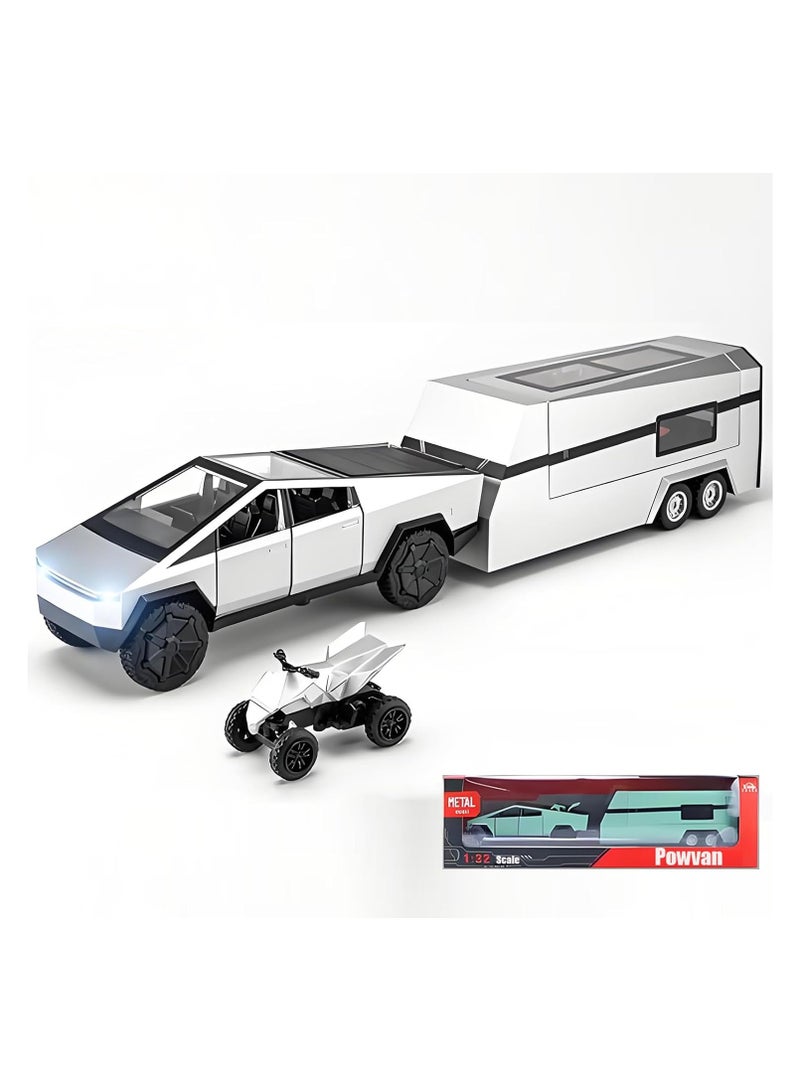 3 In 1 Metal Pickup Truck Set with Detachable Camper and Off-Road Motorcycle, 1:32 Diecast Cybertruck Model with Lights, Sound, and Moving Parts, Ideal Gift for Kids and Adults, Silver