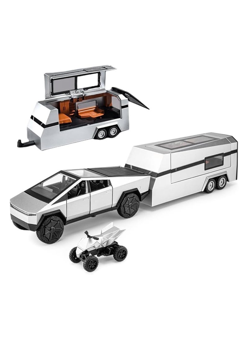 3 In 1 Metal Pickup Truck Set with Detachable Camper and Off-Road Motorcycle, 1:32 Diecast Cybertruck Model with Lights, Sound, and Moving Parts, Ideal Gift for Kids and Adults, Silver