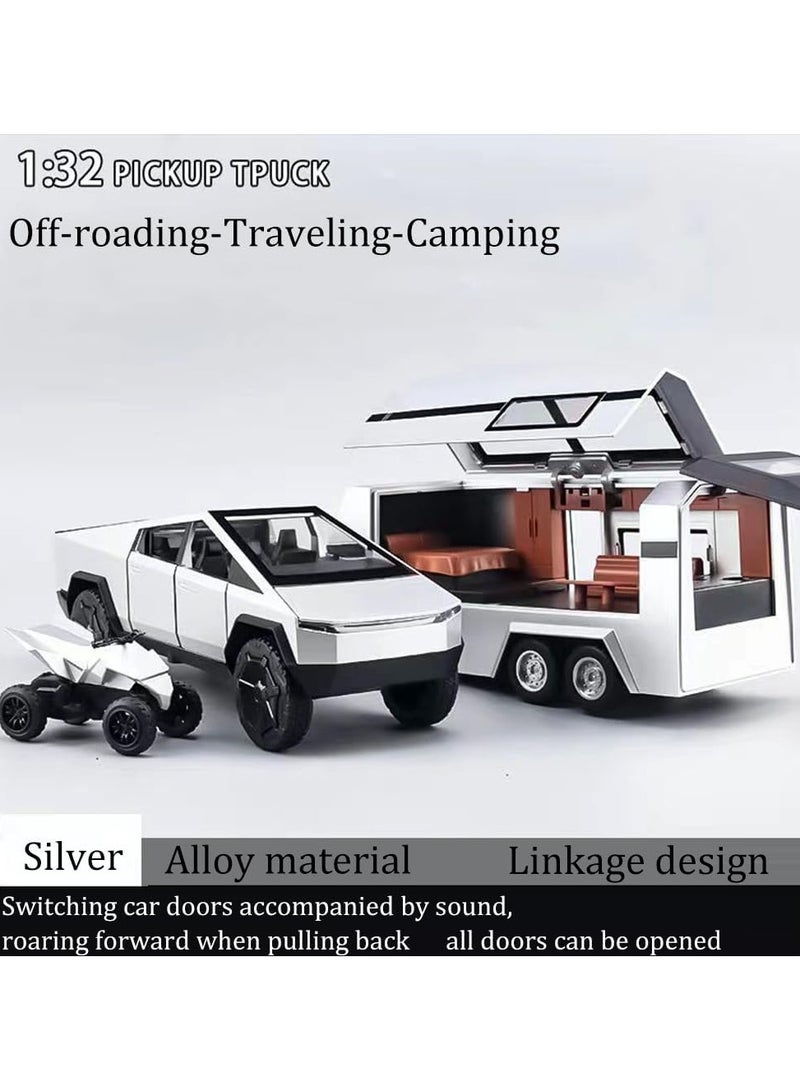 3 In 1 Metal Pickup Truck Set with Detachable Camper and Off-Road Motorcycle, 1:32 Diecast Cybertruck Model with Lights, Sound, and Moving Parts, Ideal Gift for Kids and Adults, Silver