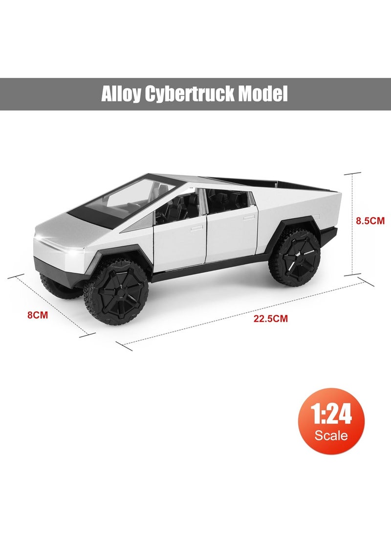 1:24 Diecast Metal Cybertruck Toy - Realistic Cybertruck Model with Sound, Light, and Pull-Back Action - Ideal for Collectors and Kids, Silve