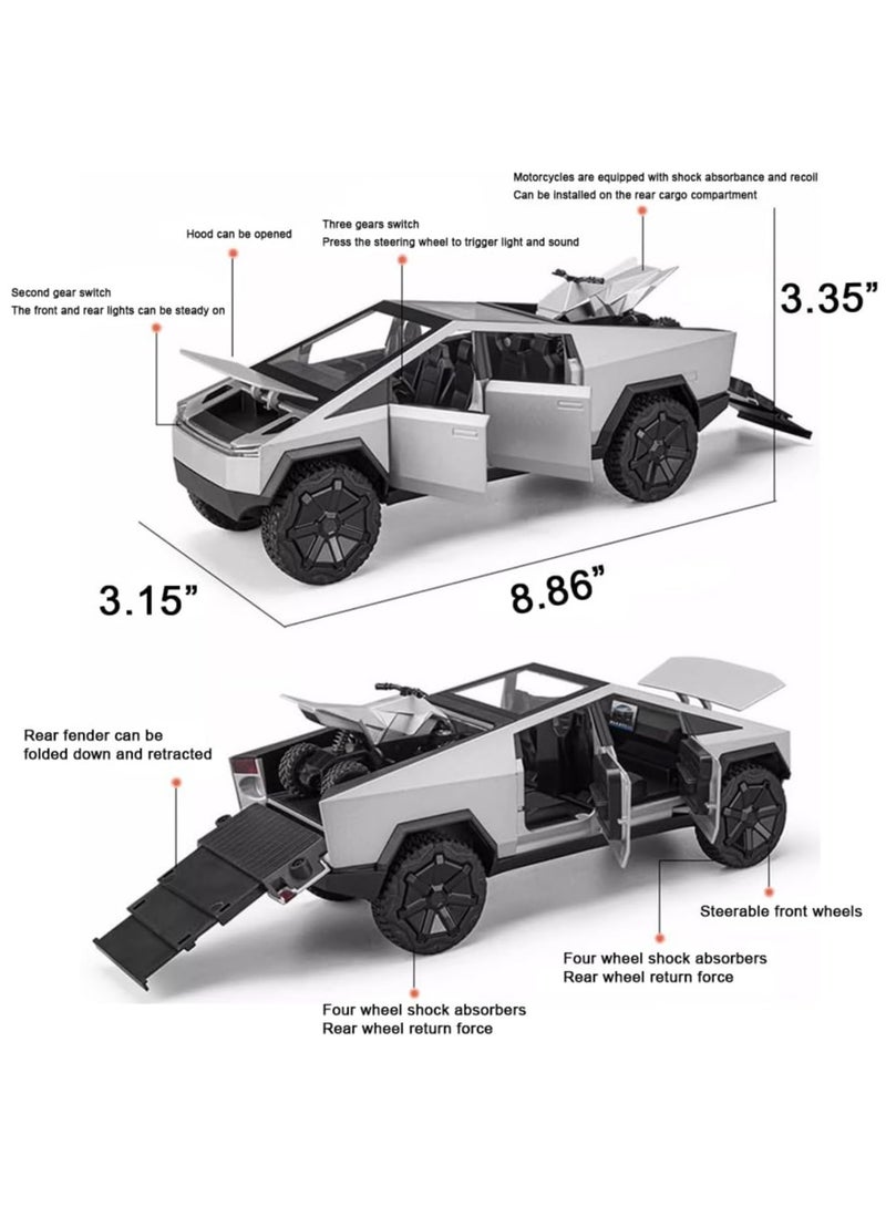 1:24 Diecast Metal Cybertruck Toy - Realistic Cybertruck Model with Sound, Light, and Pull-Back Action - Ideal for Collectors and Kids, Silve