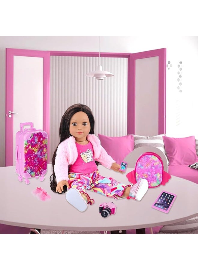 Ecore Fun American 18 Inch Doll Clothes and Accessories Doll Suitcase Set 10 Pcs Doll Travel Play Set with Doll Backpack Clothes Hair Clips Camera Computer Phone Fit 18 Inch Dolls Girl Gifts