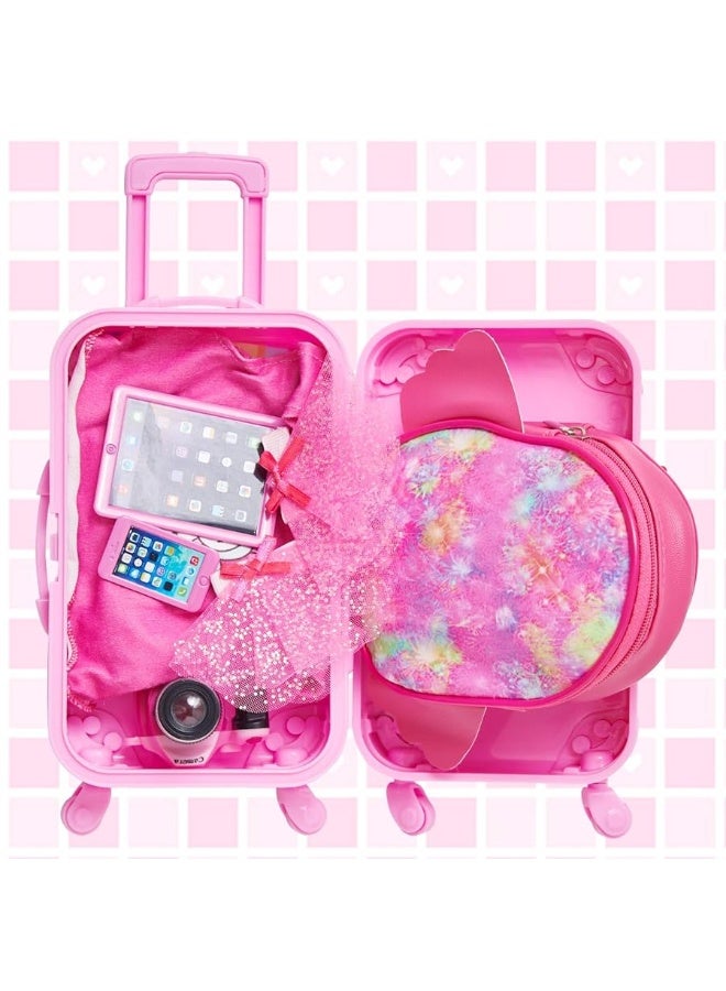 Ecore Fun American 18 Inch Doll Clothes and Accessories Doll Suitcase Set 10 Pcs Doll Travel Play Set with Doll Backpack Clothes Hair Clips Camera Computer Phone Fit 18 Inch Dolls Girl Gifts