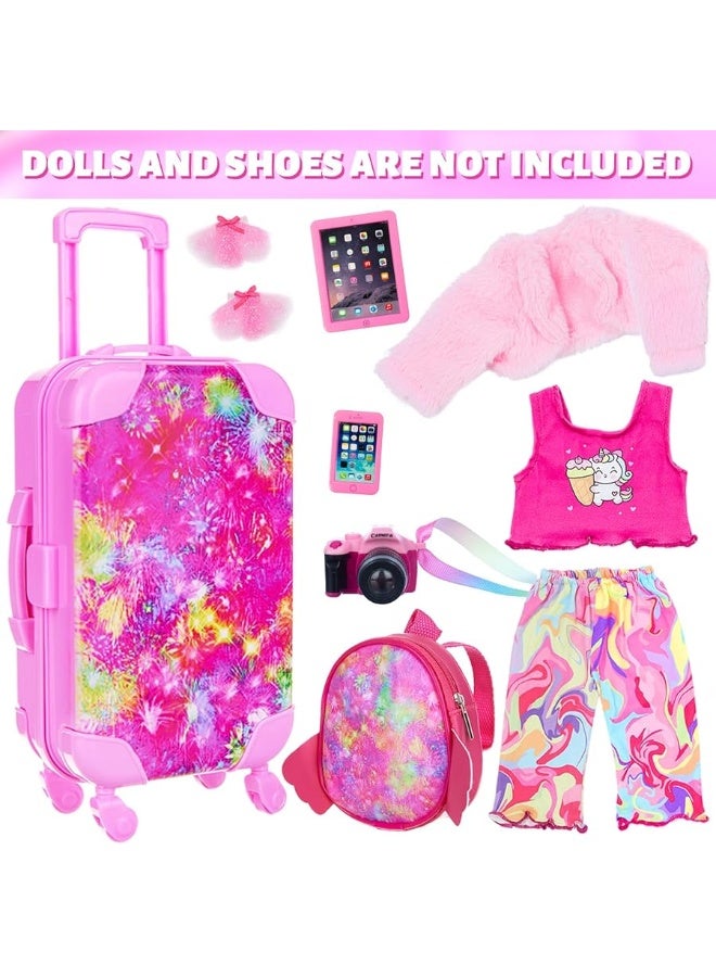 Ecore Fun American 18 Inch Doll Clothes and Accessories Doll Suitcase Set 10 Pcs Doll Travel Play Set with Doll Backpack Clothes Hair Clips Camera Computer Phone Fit 18 Inch Dolls Girl Gifts