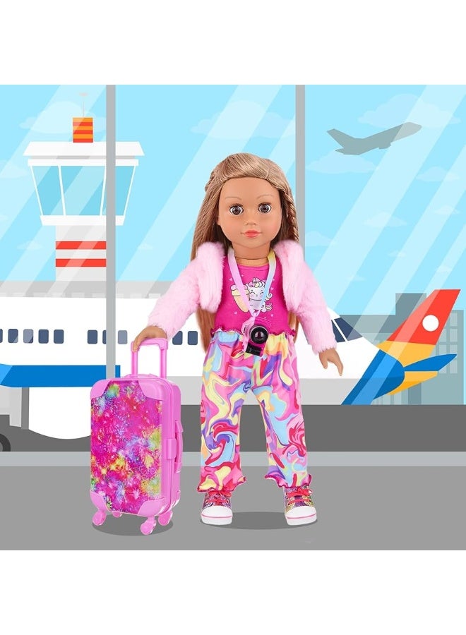 Ecore Fun American 18 Inch Doll Clothes and Accessories Doll Suitcase Set 10 Pcs Doll Travel Play Set with Doll Backpack Clothes Hair Clips Camera Computer Phone Fit 18 Inch Dolls Girl Gifts