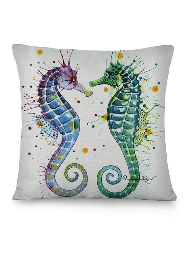 Sea Horses Printed Decorative Cushion Cover Linen White/Blue/Green 40x40centimeter