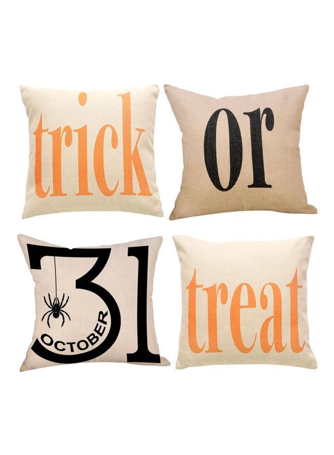 4-Piece Trick Or Treat Halloween Printed Pillow Cover Fabric Beige/Black/Orange 18x18inch