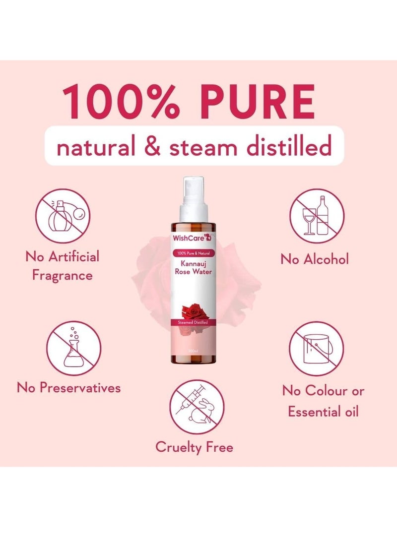 WishCare Pure & Natural Rose Water - For Skin, Face & Hair - Steam Distilled - Kannauj Gulab Jal - Spray Skin Toner - Free From Paraben, Alcohol & Chemicals - 200 ml