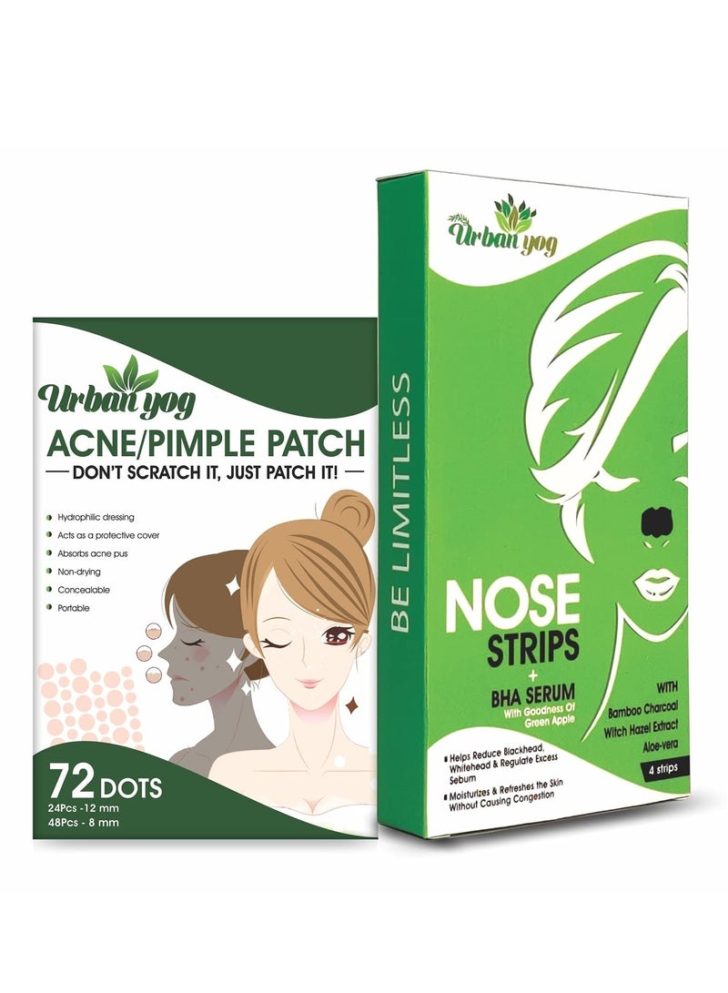 Urban yog Combo- Acne pimple patch-72dots & Nose Strips (4strips) with BHA serum - Face Care kit.