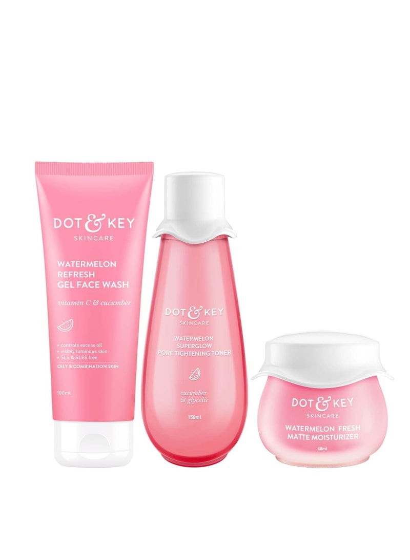 Dot & Key Watermelon CTM Kit | Cleanser 100ml, Toner 150ml, Moisturizer 60ml | For Normal, Combination & Oily Skin | For Oil Free Glowing Skin Care | For Women & Men