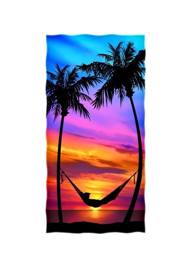 Palm Tree Sunset Printed Beach Towel Blue/Black/Yellow 30x60inch