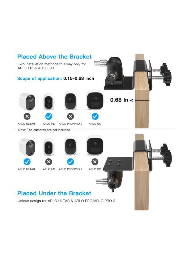 2-Piece Adjustable Gutter Mount Bracket For Arlo HD/Arlo Pro/Arlo Pro2/Arlo Go/Arlo Ultra/WYZE Cam Pan Set Black