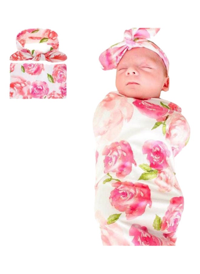 Rabbit Ear Flower Printed Swaddle Receiving Blanket With Headband