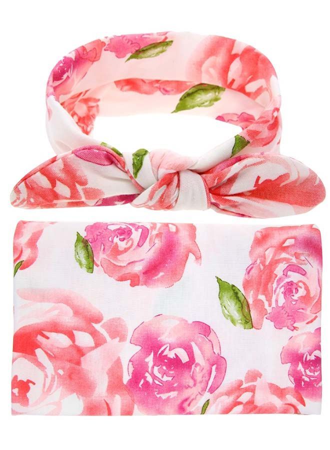 2-Piece Floral Printed Blanket With Headband Set