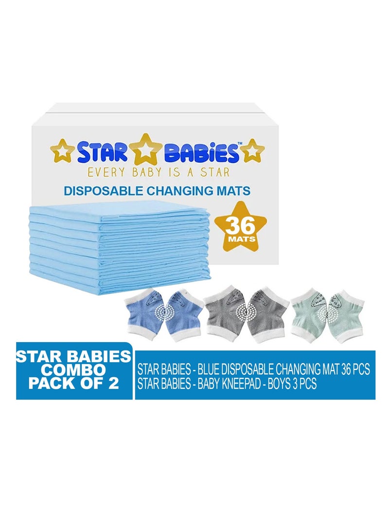 Star Babies - Combo Pack of 2- Disposable Changing Mat Pack of 36 with Baby Boy's Knee Pad - Blue