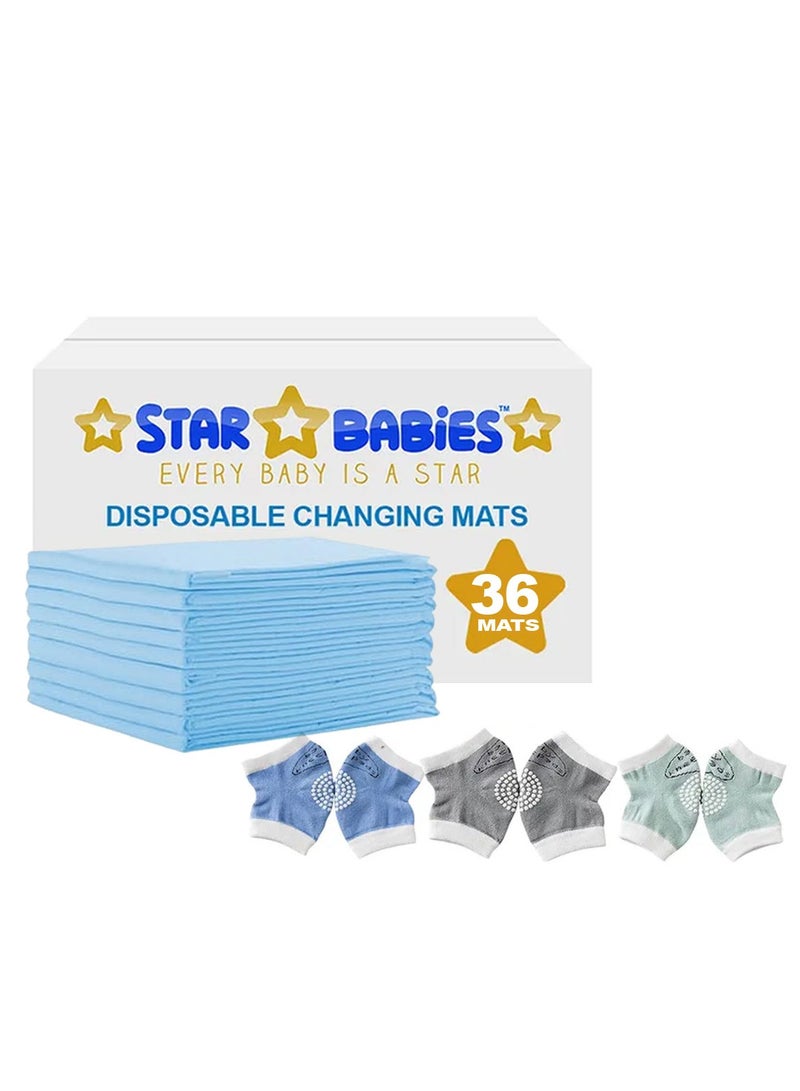 Star Babies - Combo Pack of 2- Disposable Changing Mat Pack of 36 with Baby Boy's Knee Pad - Blue