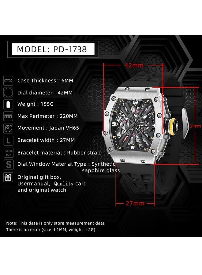 Men's Quartz Sports Watch Stainless Steel Shell 5atm Waterproof Watch Black Wristband PD-1738 Black