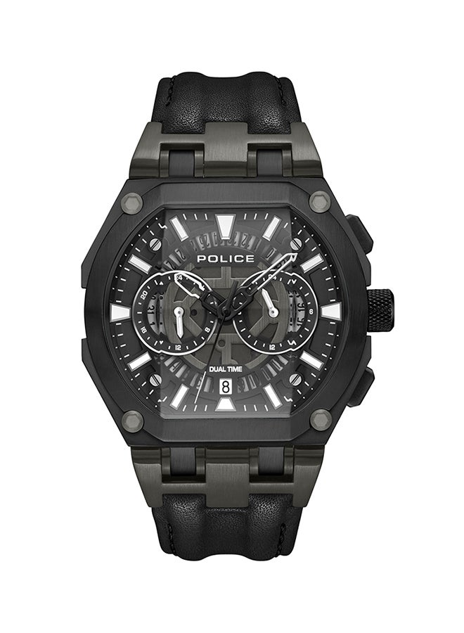 Men's Shield Black Dial Black Leather Strap Gents Chronograph Watch With Stainless Steel Case