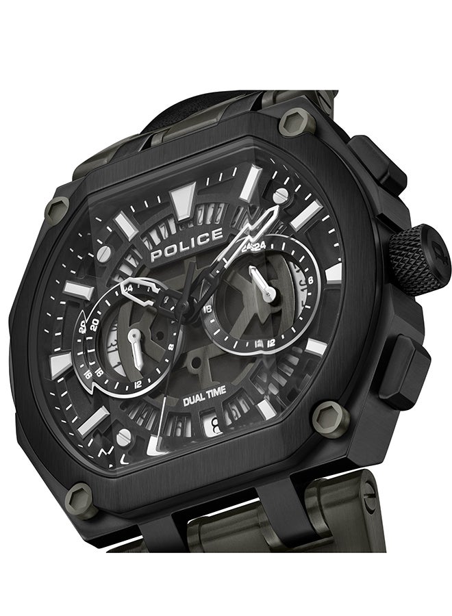 Men's Shield Black Dial Black Leather Strap Gents Chronograph Watch With Stainless Steel Case