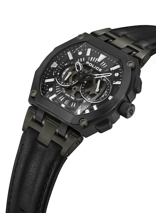 Men's Shield Black Dial Black Leather Strap Gents Chronograph Watch With Stainless Steel Case